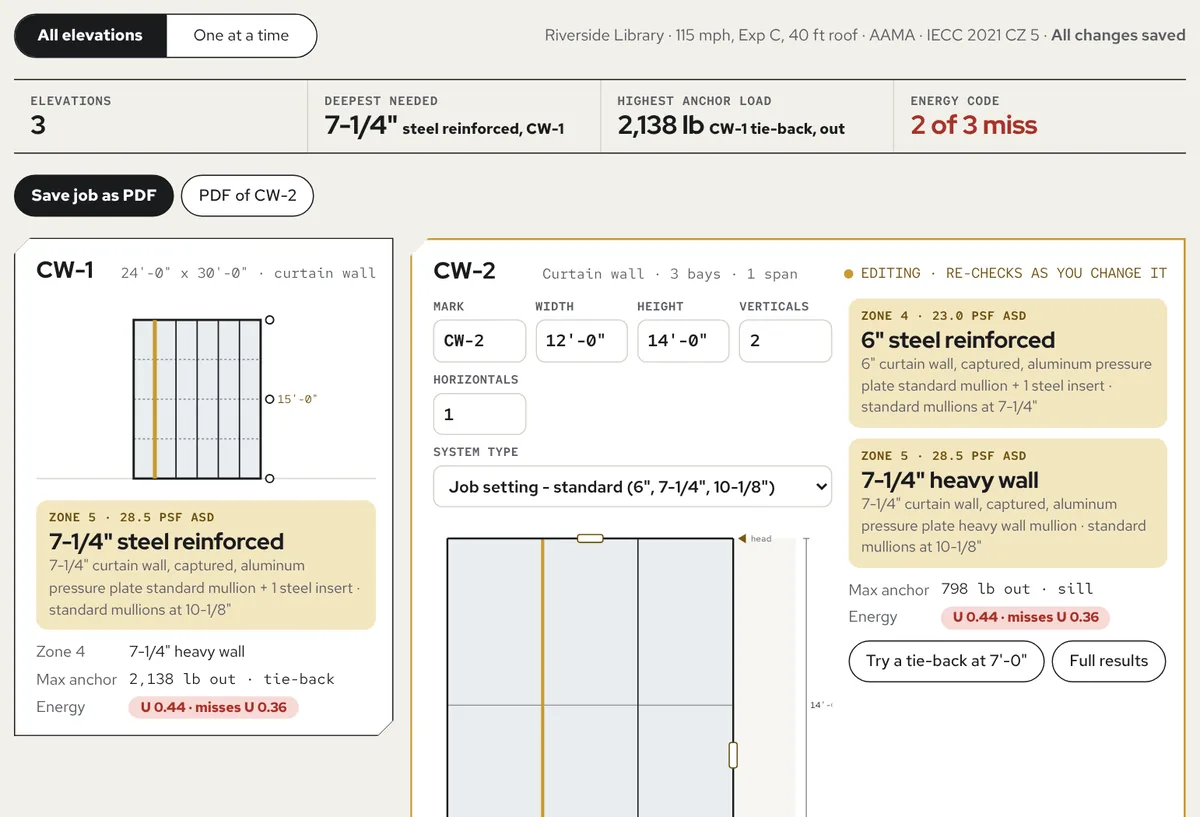 Pre-Con Assist with three elevations: the job totals, a card per elevation and the elevation being edited, with its mullion depth for each wind zone, anchor load and energy-code result